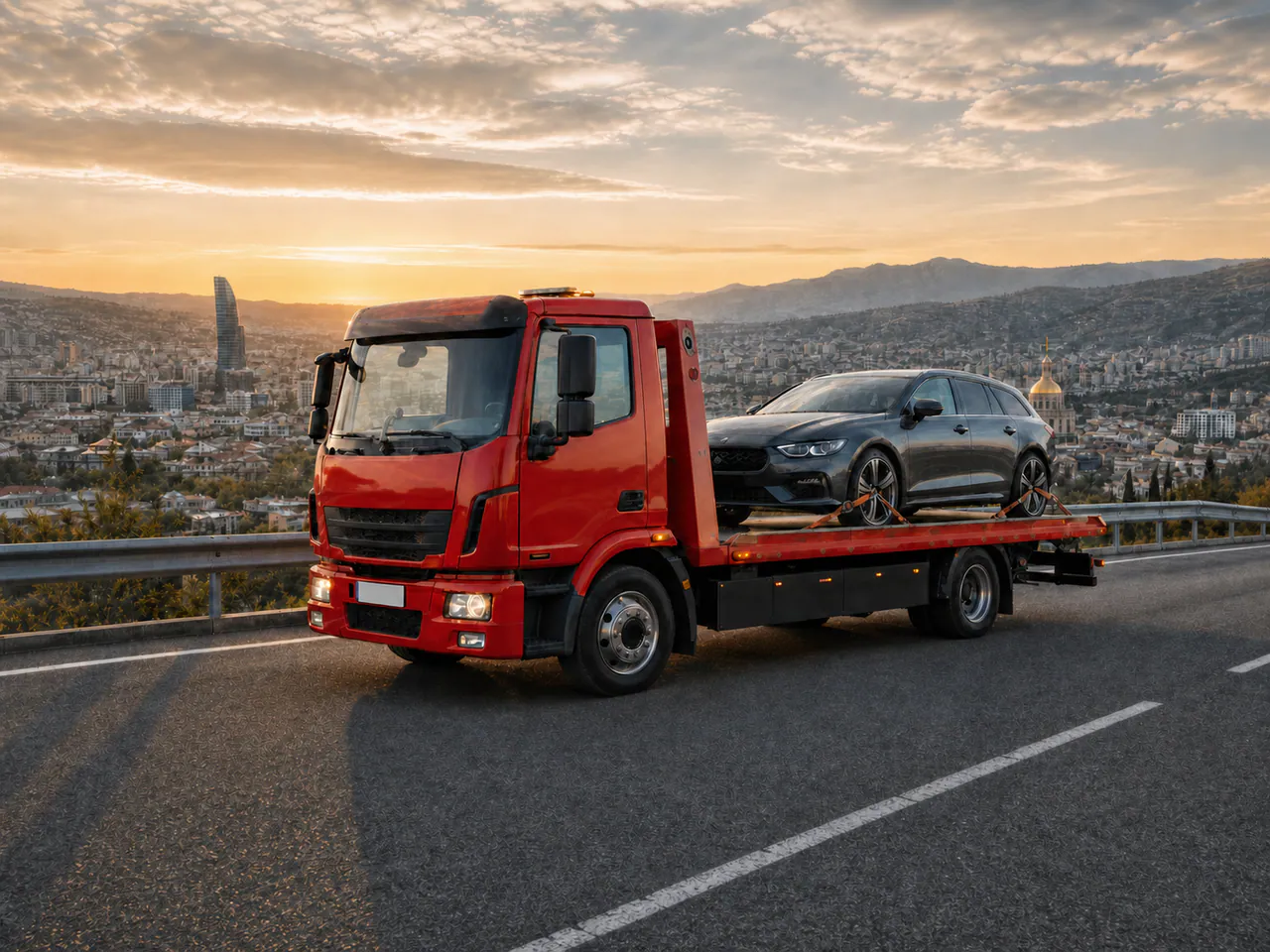 Red European recovery truck carrying a car near Tbilisi, Georgia Red European recovery truck carrying a car near Tbilisi, Georgia